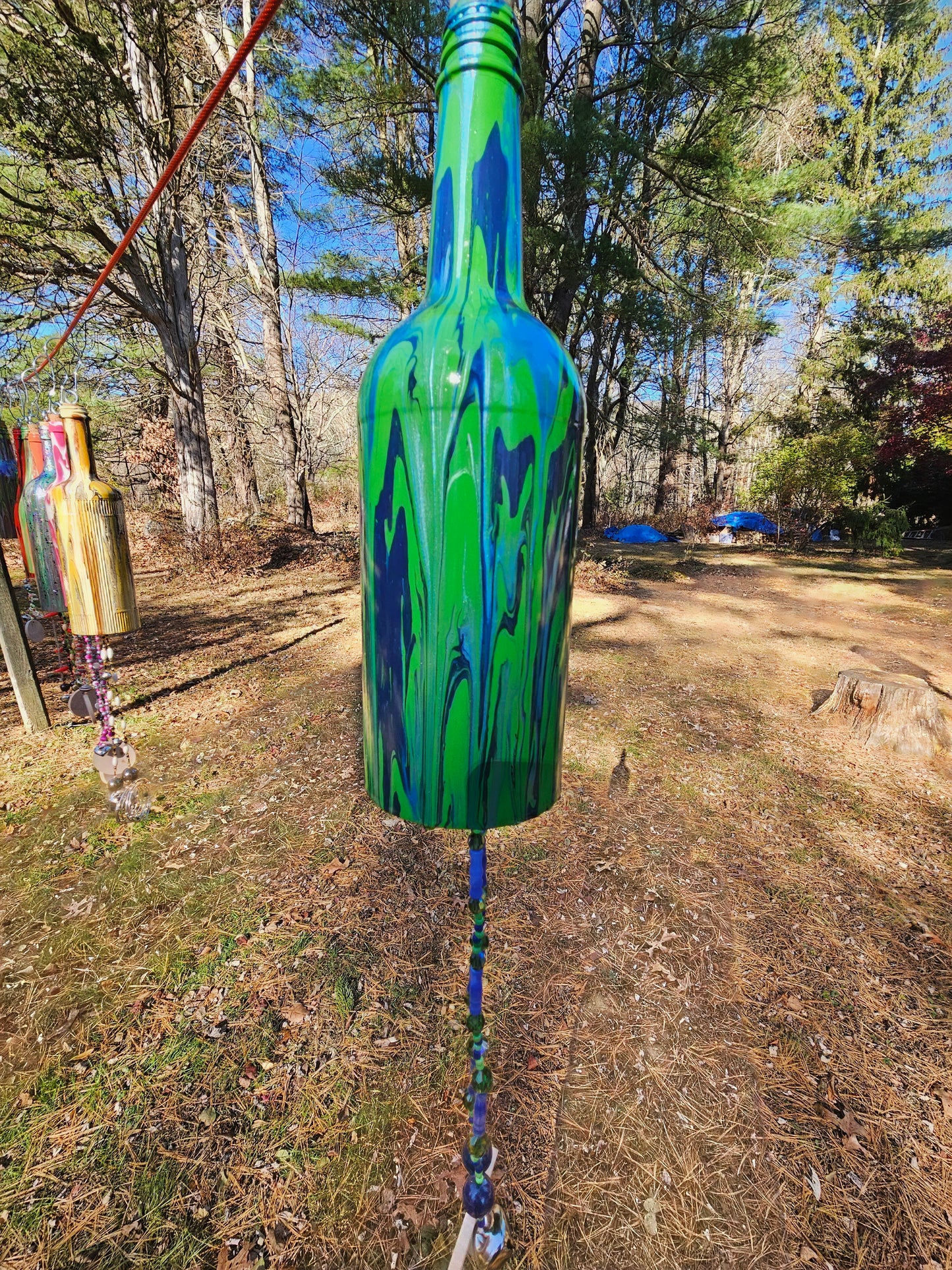 Hand Painted Wine Bottle Wind Chime | Upcycled Glass Garden Art | Custom Color Outdoor Decor | Boho Capiz Shell Mobile | Unique Housewarming Gift