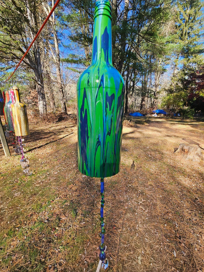 Hand Painted Wine Bottle Wind Chime | Upcycled Glass Garden Art | Custom Color Outdoor Decor | Boho Capiz Shell Mobile | Unique Housewarming Gift