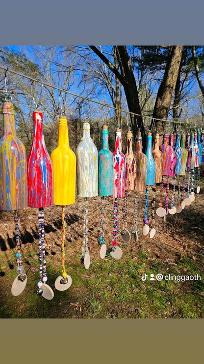 Hand Painted Wine Bottle Wind Chime | Upcycled Glass Garden Art | Custom Color Outdoor Decor | Boho Capiz Shell Mobile | Unique Housewarming Gift