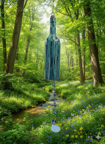 Hand Painted Wine Bottle Wind Chime | Upcycled Glass Garden Art | Custom Color Outdoor Decor | Boho Capiz Shell Mobile | Unique Housewarming Gift
