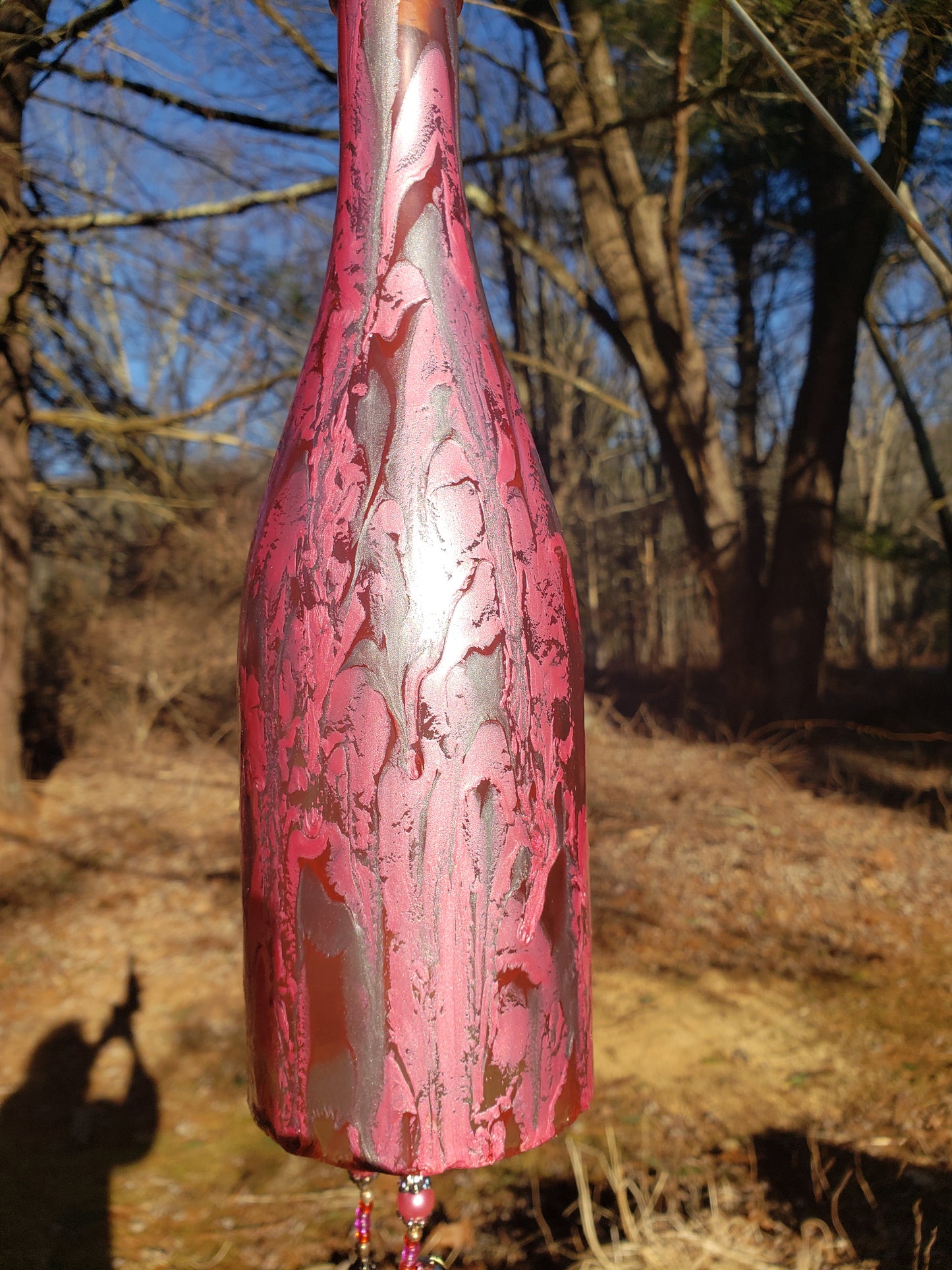 Hand Painted Wine Bottle Wind Chime | Upcycled Glass Garden Art | Custom Color Outdoor Decor | Boho Capiz Shell Mobile | Unique Housewarming Gift