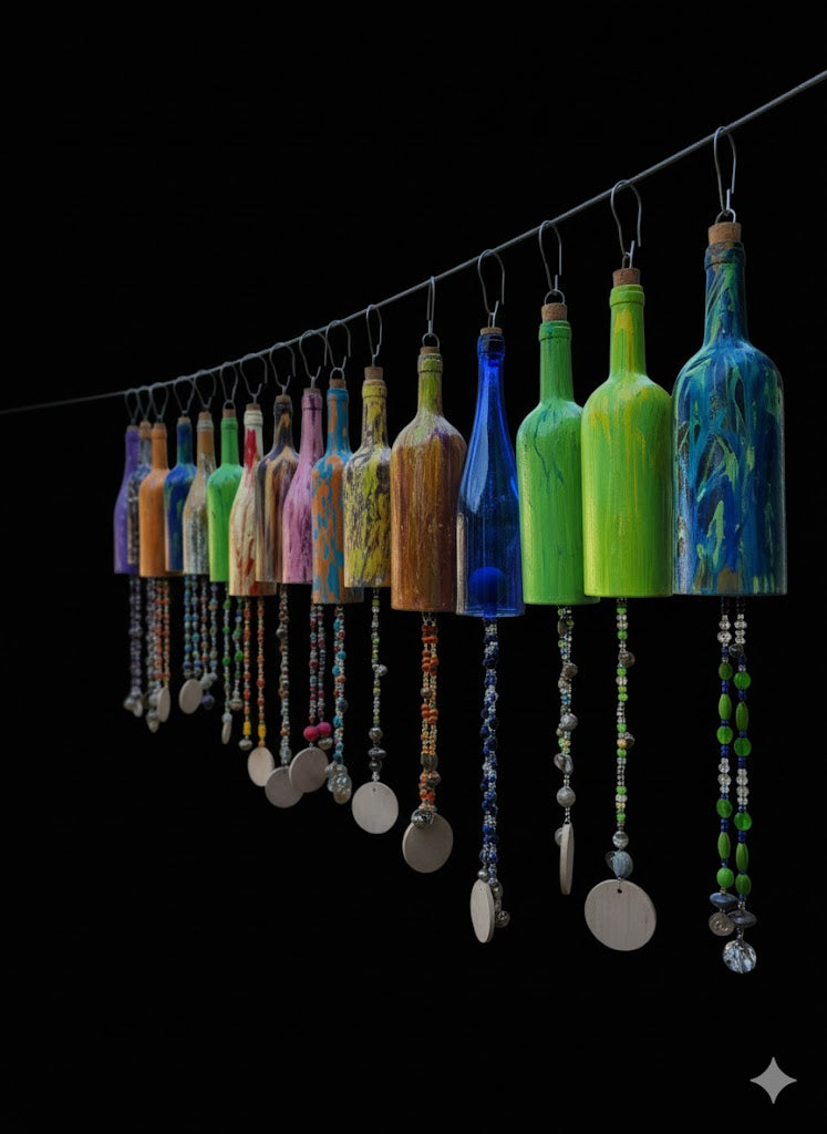 Hand Painted Wine Bottle Wind Chime | Upcycled Glass Garden Art | Custom Color Outdoor Decor | Boho Capiz Shell Mobile | Unique Housewarming Gift
