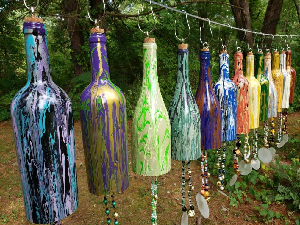 Mixed Colors Clear xl dna GLASS WINDCHIMES-RECYCLED Wine offers Bottles Out door Yard Art Garden Patio Decoration Unique Gifts Home Decor Mobiles