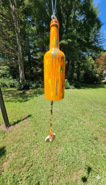 Hand Painted Wine Bottle Wind Chime | Upcycled Glass Garden Art | Custom Color Outdoor Decor | Boho Capiz Shell Mobile | Unique Housewarming Gift
